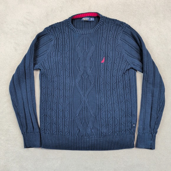 Nautica Classic Preppy Cable Knit Sweater Size Medium Navy Blue Cotton Nautical — photo 2